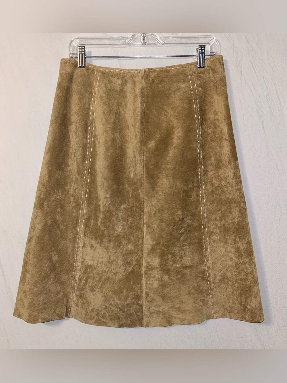 Vtg Clifford & Wills 80s-90s A Line Suede Skirt Below Knee Heavy Stitching Tan